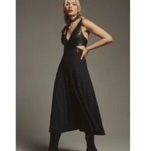 ANTHROPOLOGIE Faux Leather Sleeveless V-Neck A-LIne Midi Dress